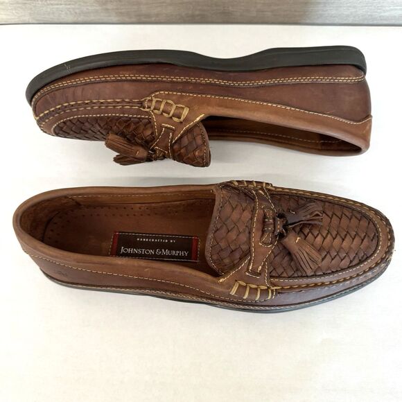 Johnston & Murphy Brown Woven Leather Slip On Loafers Men 12 M Tassel Casual - Picture 1 of 10